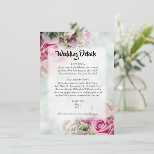 Pastellkarte für die Hochzeitsdetails für rosa Blü Begleitkarte (Stehend Vorderseite)