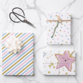 Pastellkleiner Stern, Streifen und Tupfen Geschenkpapier Set