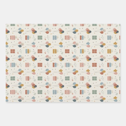 Pastellkuchen, Luftballons & Konfetti Scandi Geschenkpapier Set (Vorderseite)
