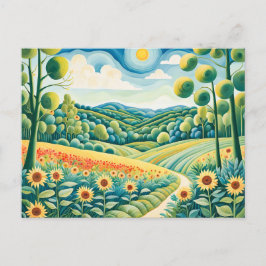 Pastelllandschaft mit Sonnenblumenfeldern und Pfad Postkarte