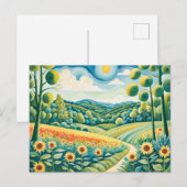 Pastelllandschaft mit Sonnenblumenfeldern und Pfad Postkarte (Vorne/Hinten)