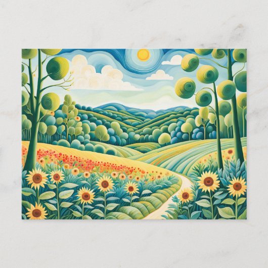 Pastelllandschaft mit Sonnenblumenfeldern und Pfad Postkarte (Vorderseite)