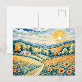 Pastelllandschaft mit Sonnenblumenfeldern und Pfad Postkarte (Vorne/Hinten)
