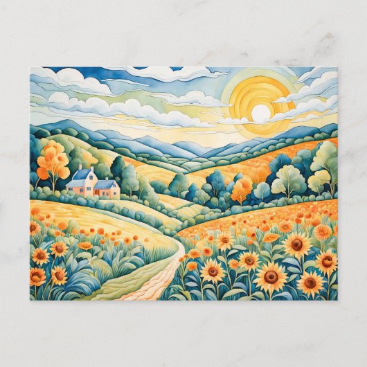 Pastelllandschaft mit Sonnenblumenfeldern und Pfad Postkarte (Vorderseite)