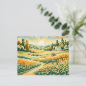 Pastelllandschaft mit Sonnenblumenfeldern und Pfad Postkarte (Stehend Vorderseite)