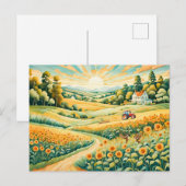 Pastelllandschaft mit Sonnenblumenfeldern und Pfad Postkarte (Vorne/Hinten)