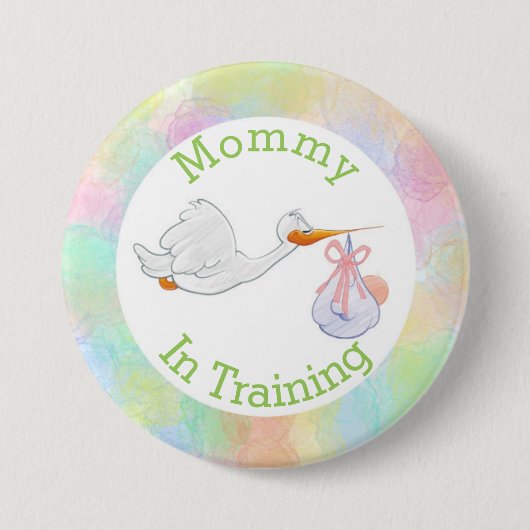 Pastellmama im Trainings-Storch mit Babyparty Button (Vorderseite)