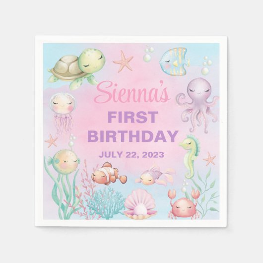 Pastellmeerleben Mädchen Geburtstagsnapkins aus Pa Serviette (Vorderseite)
