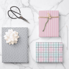 Pastellmuster aus Grau, Mint, Rosa Karo & Streifen Geschenkpapier Set