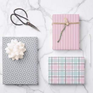 Pastellmuster aus Grau, Mint, Rosa Karo & Streifen Geschenkpapier Set