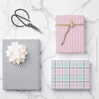Pastellmuster aus Grau, Mint, Rosa Karo & Streifen Geschenkpapier Set
