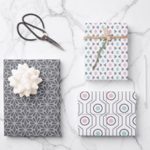 Pastellmuster aus Grau, Pink und Mint in Retro-For Geschenkpapier Set