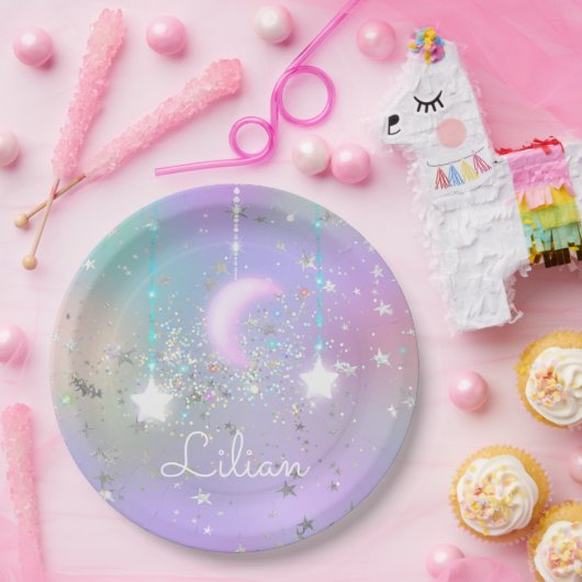 Pastellnachthimmel glühende Mond-Sterne Glitzer ni Pappteller (Party)