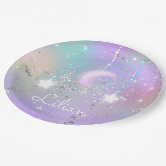 Pastellnachthimmel glühende Mond-Sterne Glitzer ni Pappteller (Schrägansicht)