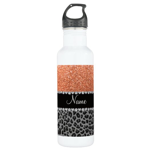 Pastellorange Glitzer schwarzer Leopard Trinkflasche (Vorderseite)