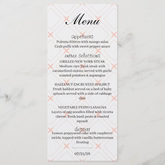 Pastellpfirsich und Cream Geometric Menükarte (Vorderseite)