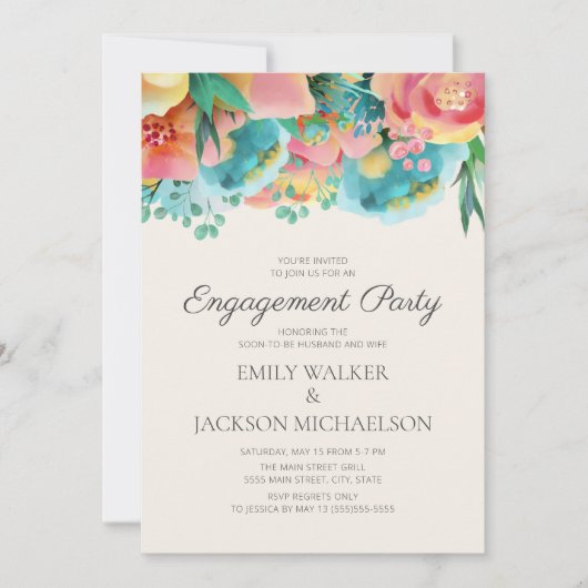 Pastellrosa Aquamarin-Gelbe florale Engagement Par Einladung (Vorderseite)