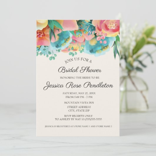 Pastellrosa Aquamarin Gelbes Brautparty Einladung (Stehend Vorderseite)