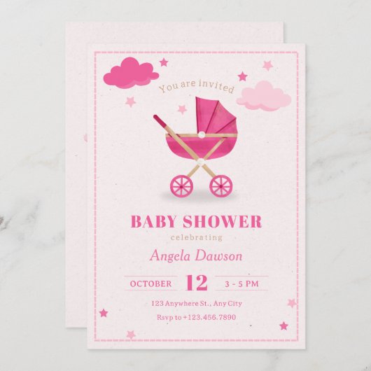 Pastellrosa Babybettrollendusche Einladung (Vorne/Hinten)