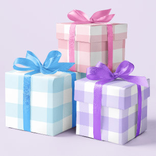 Pastellrosa Blau und Lila Ostern Gingham Multi Geschenkpapier Set