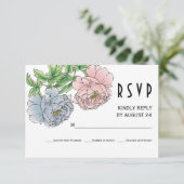 Pastellrosa, blaue Blume Hochzeit RSVP Karte (Stehend Vorderseite)