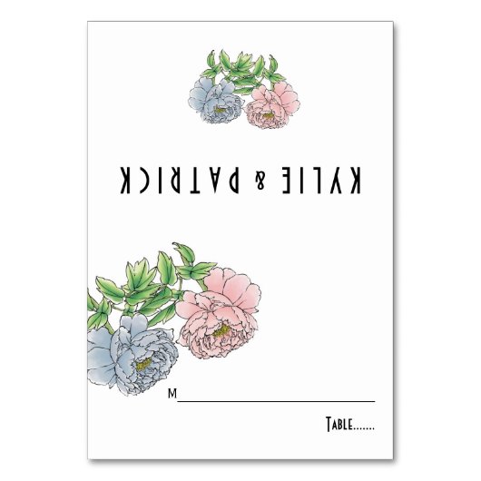 Pastellrosa, blaue florale Hochzeitskarte Tischnummer (Vorderseite)