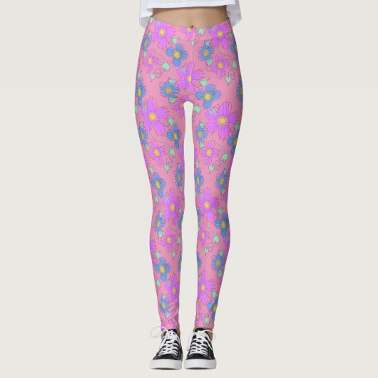 Pastellrosa Blume Doodle Dot Print Leggings (Vorderseite)