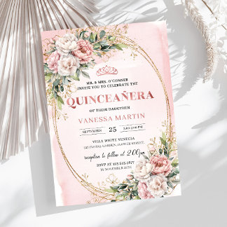 Pastellrosa Blumen Grün 15. Geburtstagseinladung  Einladung