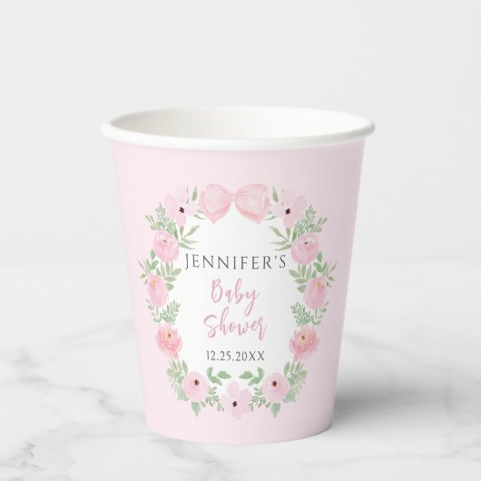 Pastellrosa Blumenkranz Babydusche Pappbecher (Vorderseite)