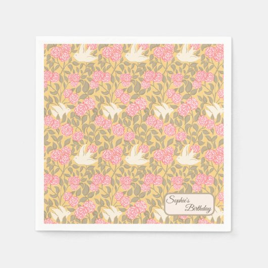 Pastellrosa Blumenmuster mit Tauben Serviette (Vorderseite)