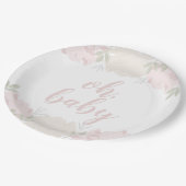 Pastellrosa-Blumenpfingstrosen-oh Baby-Babyparty Pappteller (Schrägansicht)