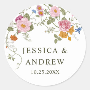 Pastellrosa Bohemische Wildblumen Hochzeit Runder Aufkleber