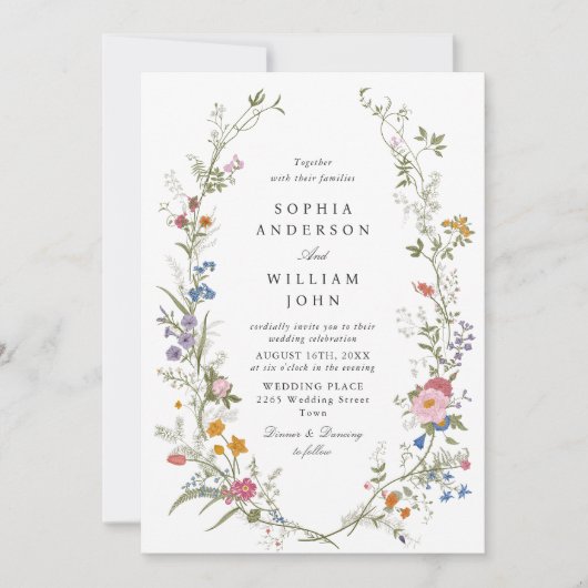 Pastellrosa Bohemische Wildblumen mit Blumen Hochz Einladung (Vorderseite)