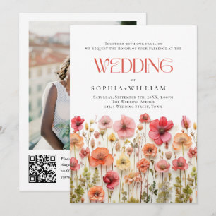 Pastellrosa Boho Wildblumen Hochzeits-QR-Code Foto Einladung