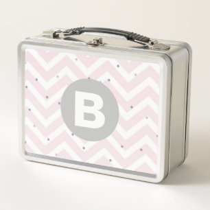 Pastellrosa Chevron und Punkte Graues Monogramm Metall Brotdose