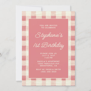 Pastellrosa Creme Leinen Gingham 1. Geburtstag Einladung