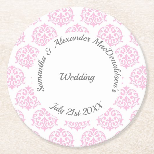 Pastellrosa-Damastenhochzeit Runder Pappuntersetzer (Vorderseite)