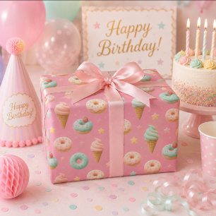 Pastellrosa Donut- und Eiscreme-Geburtstagsverpack Geschenkpapier