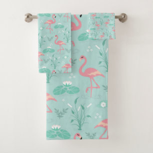 Pastellrosa Flamingos Grünes Muster Badhandtuch Set