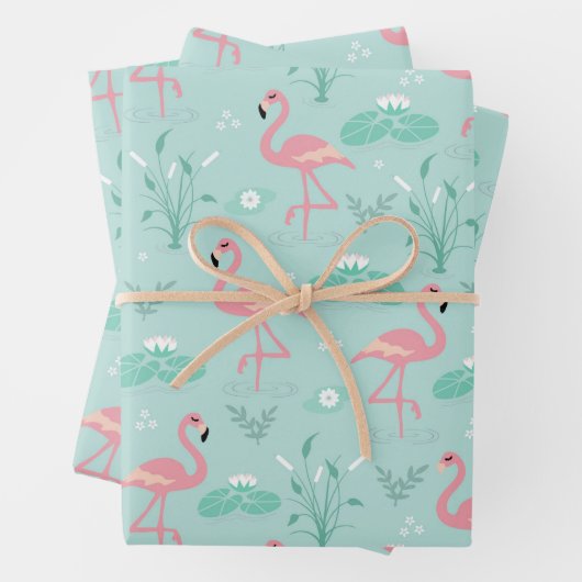 Pastellrosa Flamingos Grünes Muster Geschenkpapier Set (Beispiel)