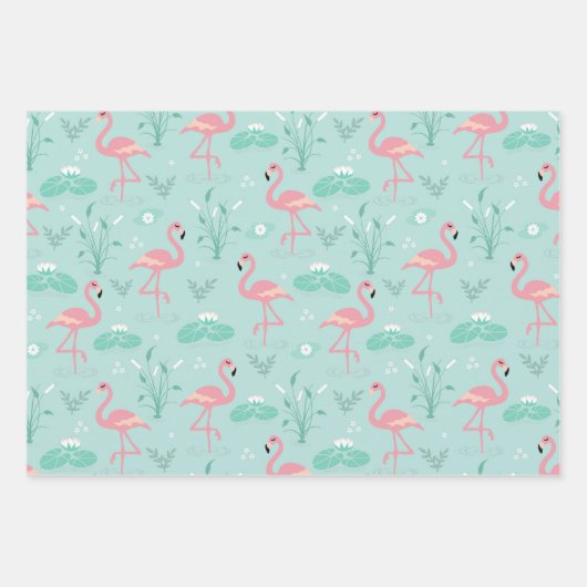Pastellrosa Flamingos Grünes Muster Geschenkpapier Set (Vorderseite)