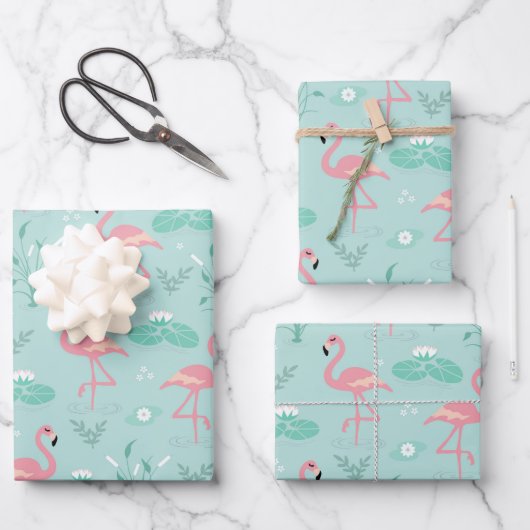 Pastellrosa Flamingos Grünes Muster Geschenkpapier Set (Vorderseite)