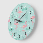 Pastellrosa Flamingos Grünes Muster Große Wanduhr (Winkel)