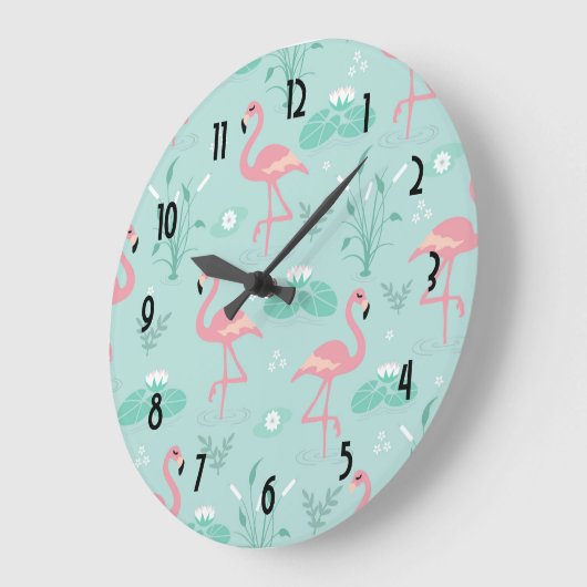 Pastellrosa Flamingos Grünes Muster Große Wanduhr (Winkel)