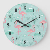 Pastellrosa Flamingos Grünes Muster Große Wanduhr (Vorderseite)