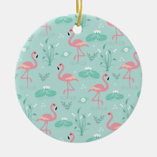 Pastellrosa Flamingos Grünes Muster Keramik Ornament (Vorne)