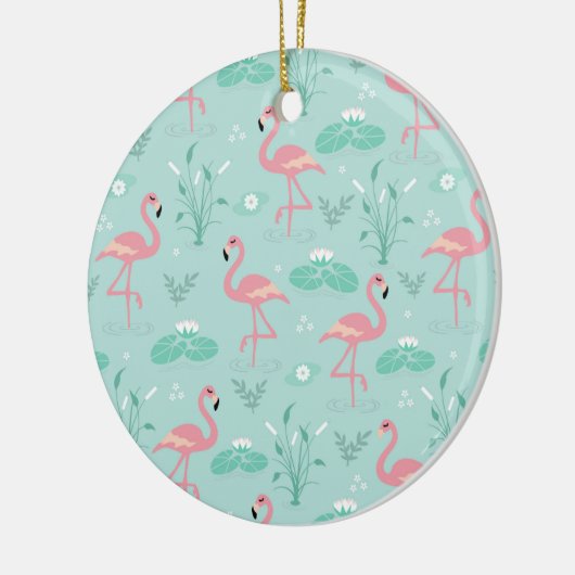 Pastellrosa Flamingos Grünes Muster Keramik Ornament (Links)