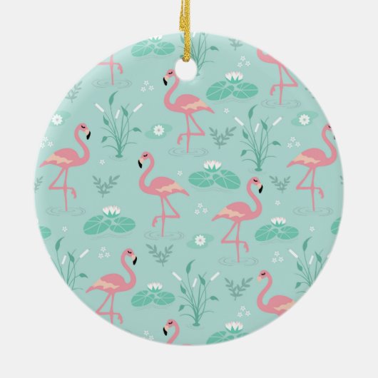 Pastellrosa Flamingos Grünes Muster Keramik Ornament (Hinten)