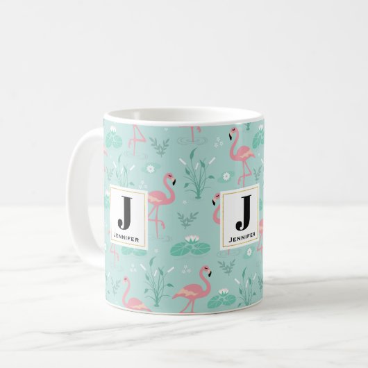 Pastellrosa Flamingos Grünes Muster Monogramm Kaffeetasse (Vorderseite Links)