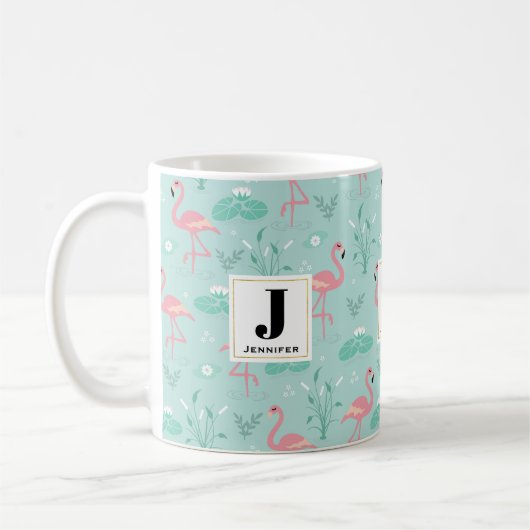 Pastellrosa Flamingos Grünes Muster Monogramm Kaffeetasse (Links)